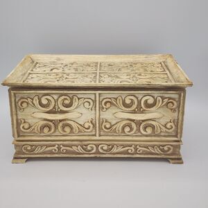 VTG Jewelry Box Lerner MCM 1 Drawer Ivory Color Plastic Scroll Carved Pattern
